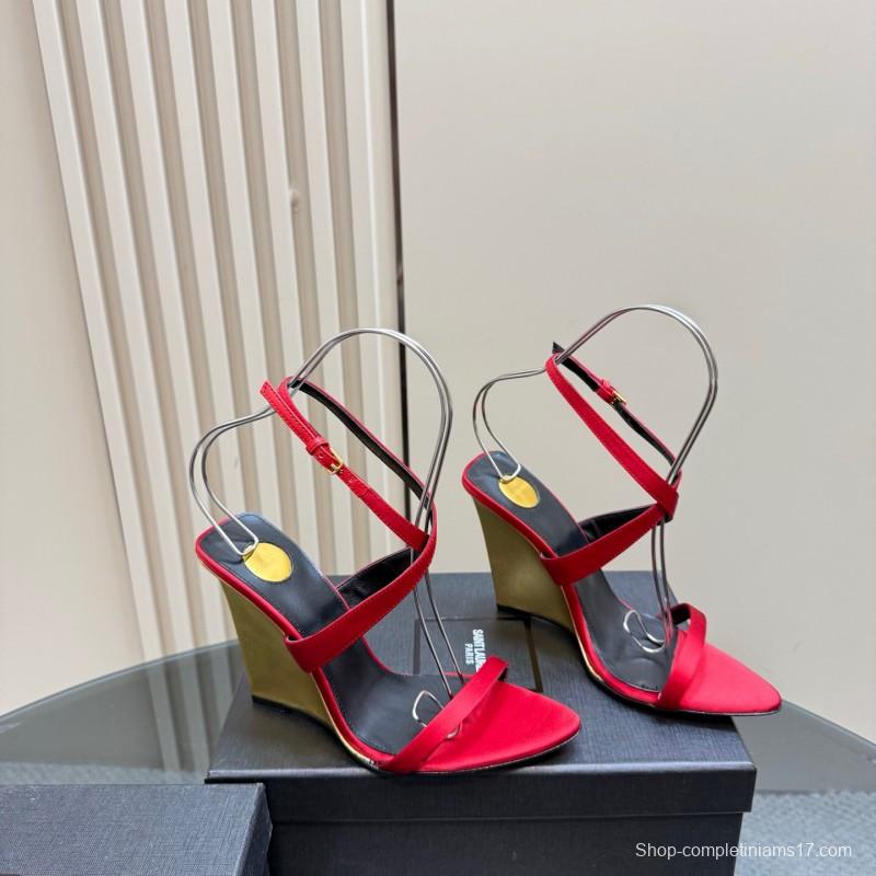 2025 Women Yves Saint Laurent Red Silk Wedge Sandals Elegant Craftsmanship LY00360(F)