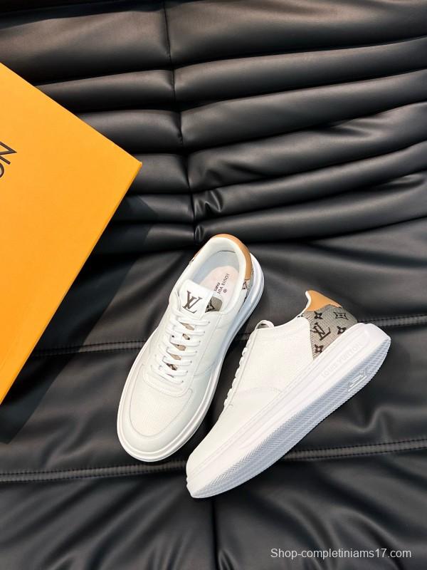 2024 Unisex Louis Vuitton White Brown Mesh Leather Sneakers MJ00400