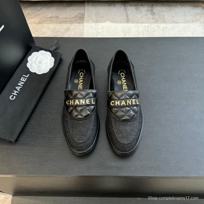 2025 Women Chanel Black Leather Canvas Loafers KFY00310