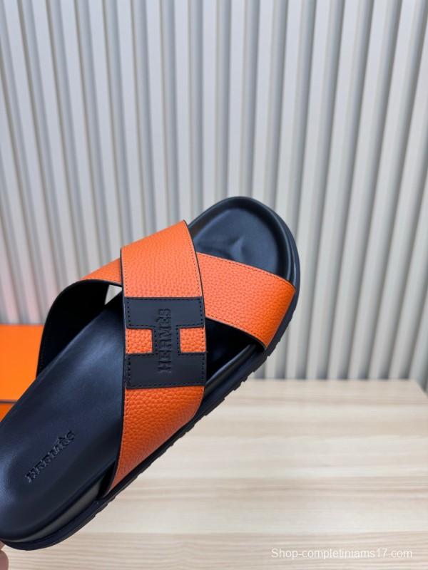 2025 Slippers Hermès Orange Black Leather Slippers