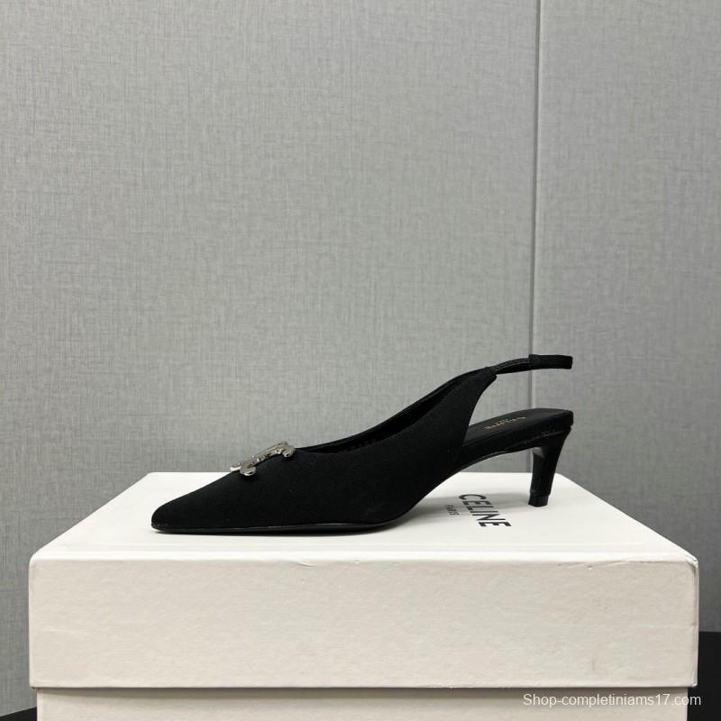 2025 Women Celine Black Fabric Leather Slingback Kitten Heels KFY00290