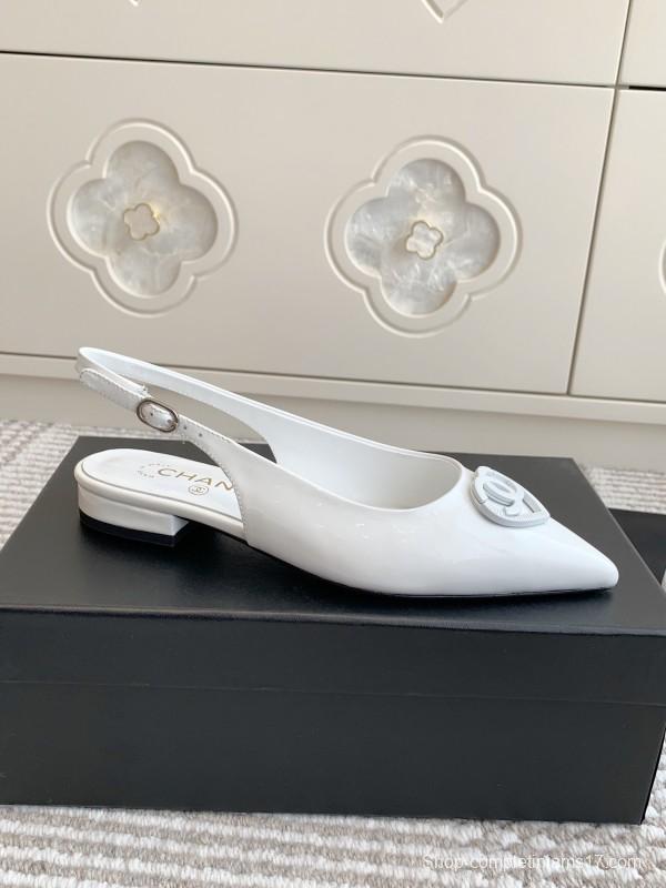 2025 Women Chanel White Leather Slingback Pointed Toe Heart Double C KFY00300