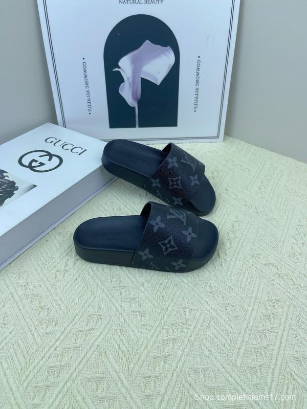 2025 Kids Louis Vuitton Brown Black Leather Slippers