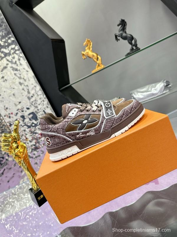 2024 Unisex Louis Vuitton Brown Silk Leather Denim Plimsolls Magic Tape MJ00410