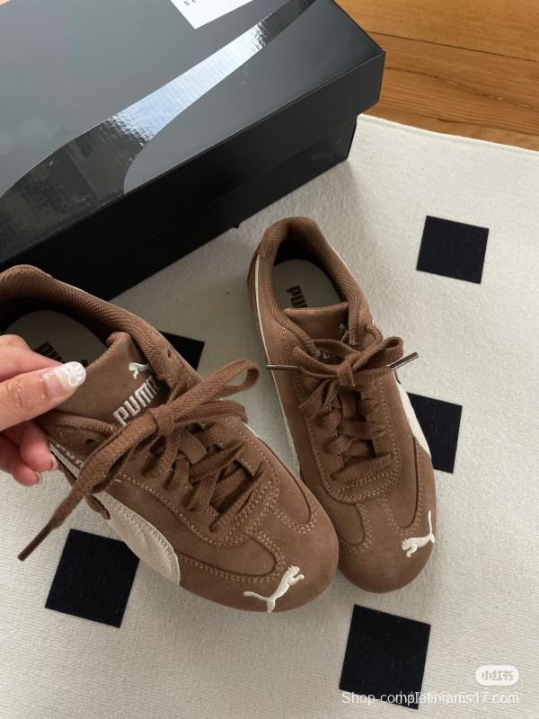 2025 Women Puma Brown White Suede Leather Sneakers KFY00260