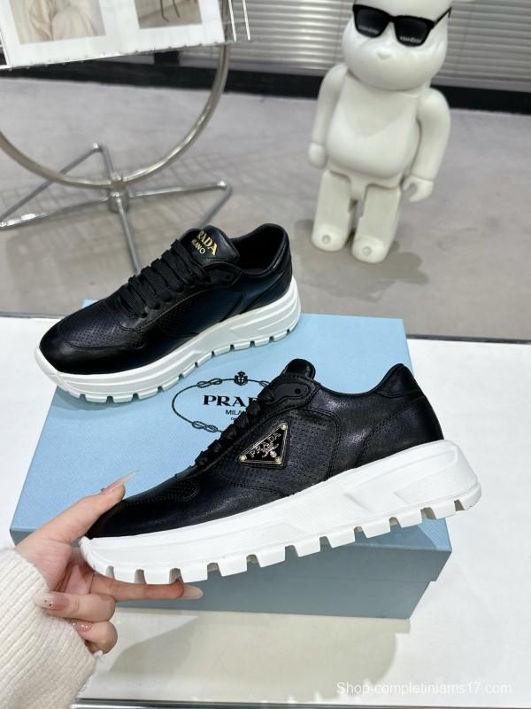 2025 Unisex Prada Black Leather Sneakers KFY00310