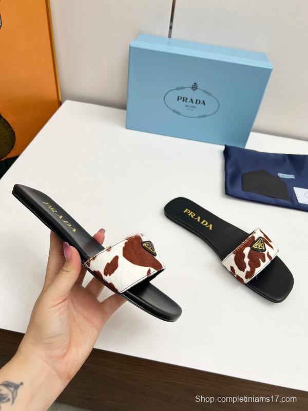 2025 Women Prada Brown White Calf Hair Leather Slippers LY00220