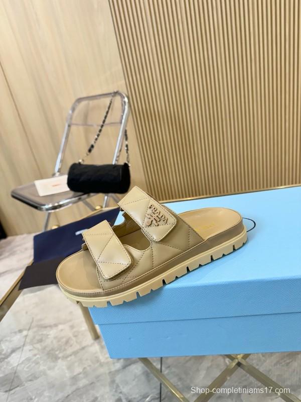 2025 Women Prada Beige Leather Sandals LY00270