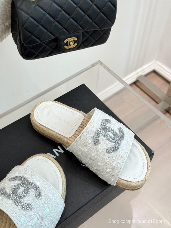 2025/Women Chanel White Lace Espadrille Slide Sandals Handwoven Jute Sole KFY00240(F)