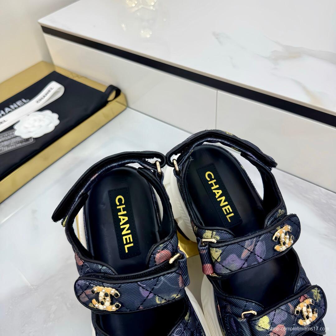 2025 Women Chanel Black Multicolor Fabric Leather Sandals LY00330