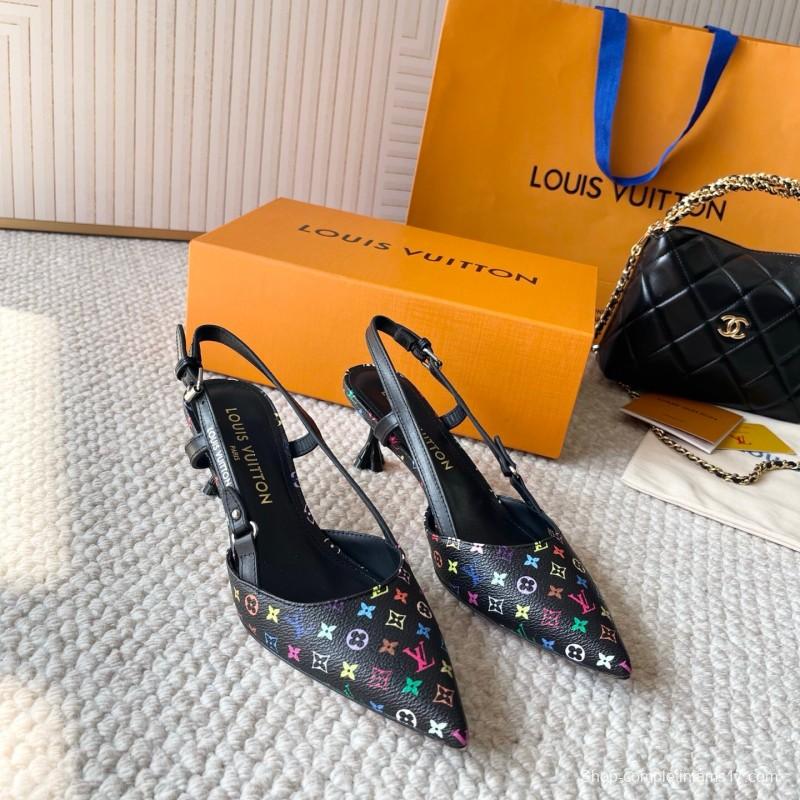 2025 Women Louis Vuitton Multicolor Canvas Leather Slingback Heels KFY00300