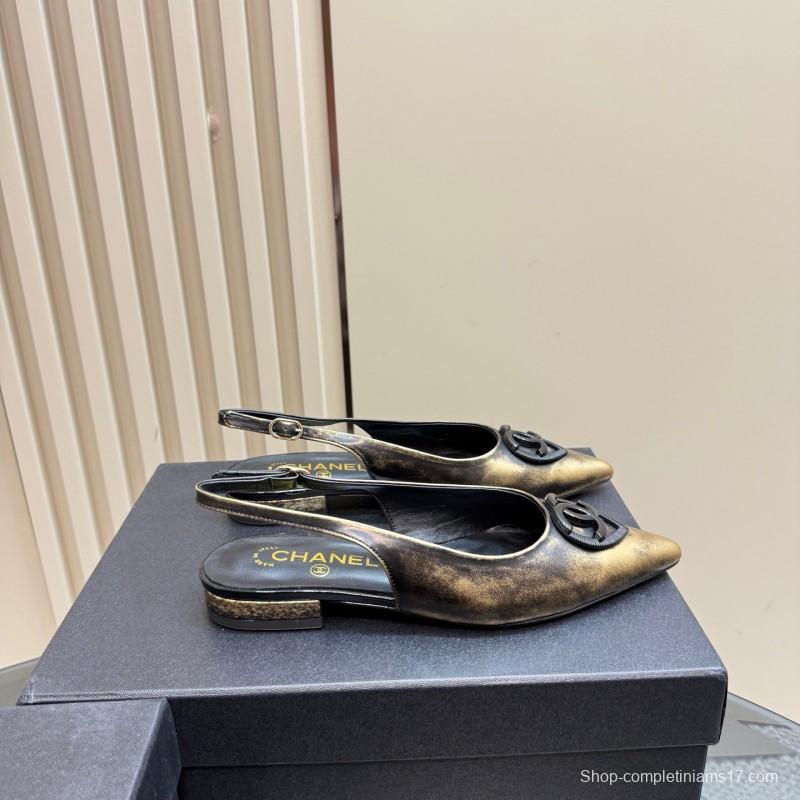 2025 Women Chanel Black Gold Satin Leather Sandals KFY00290