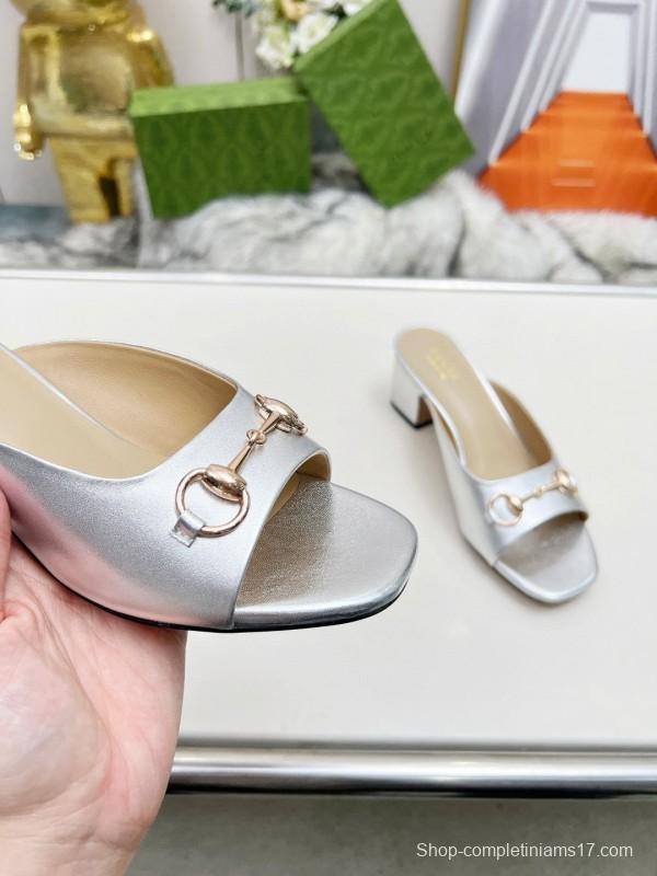 2025 Women Gucci Silver Leather Mules Horsebit MJ00180