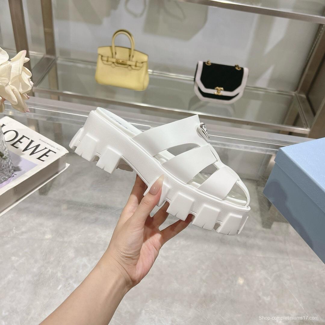 2025 Women Prada White Leather Slippers LY00250