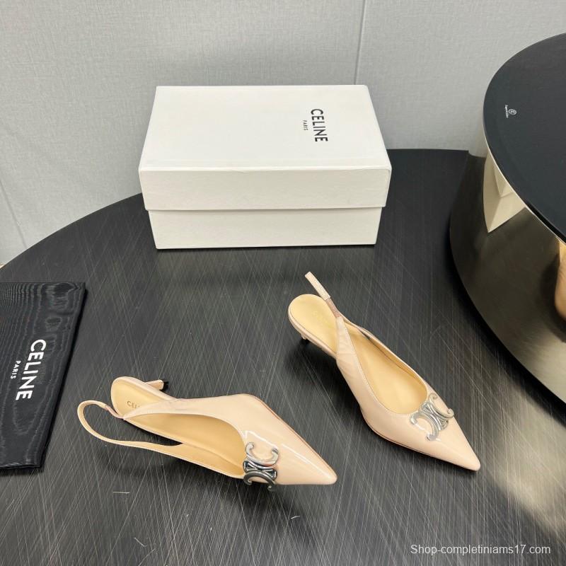 2025 Women Celine Beige Leather Slingback Shoes Metal Buckle