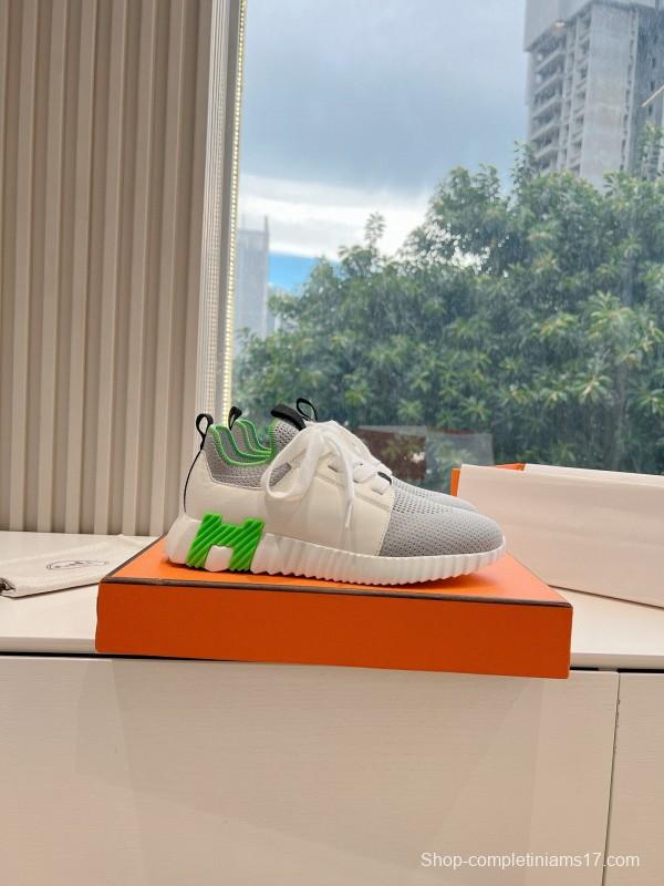 2024 Unisex Hermès White Green Calfskin Suede Sneakers MJ00290
