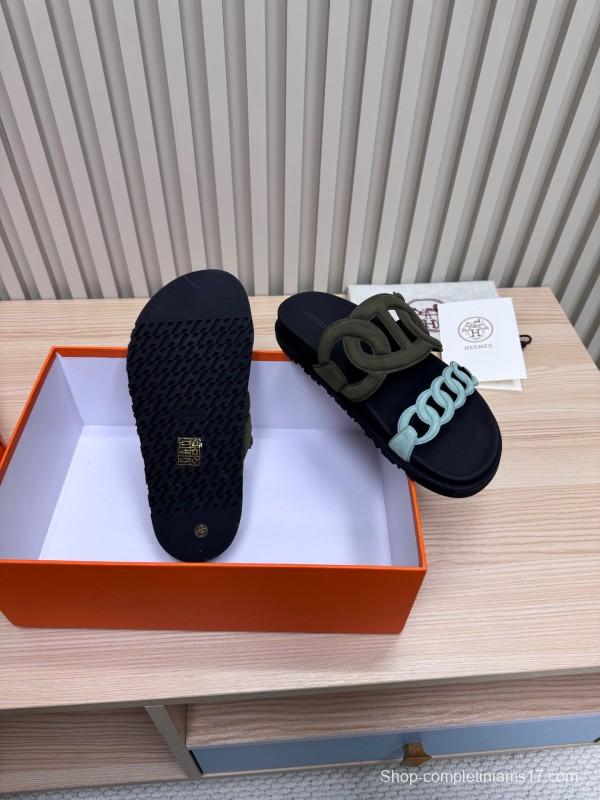 2025 Women Hermès Black Light Blue Leather Slippers