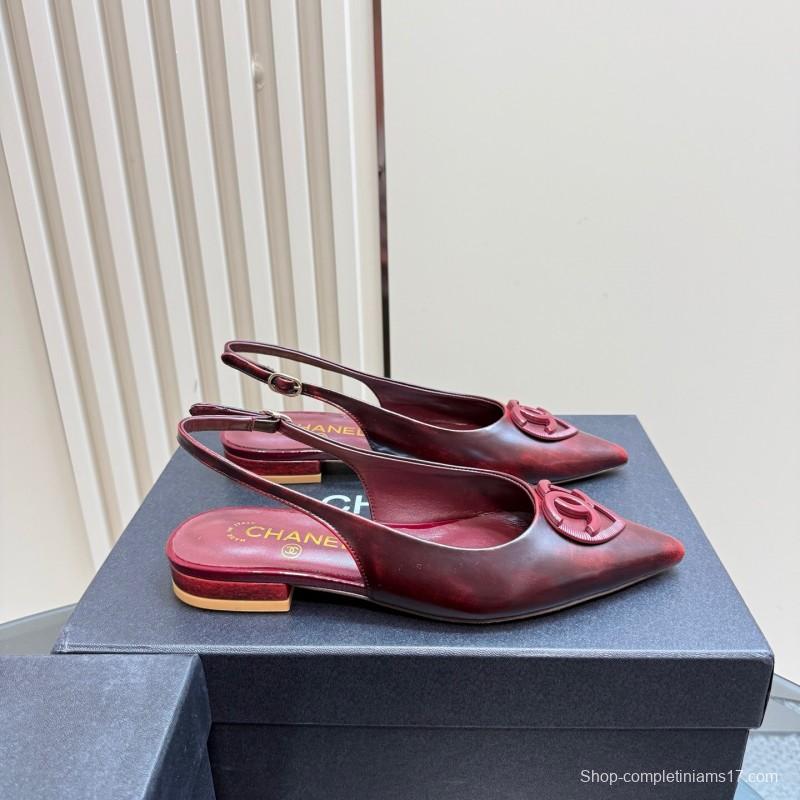 2025 Women Chanel Bordeaux Leather Slingback Sandals KFY00290