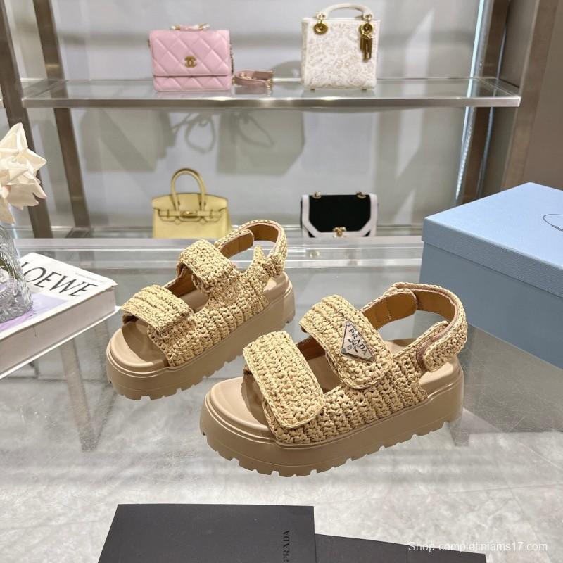 2025 Women Prada Beige Woven Leather Platform Sandals