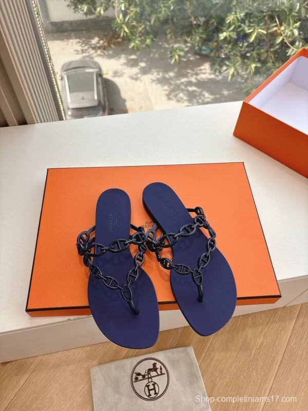 2025 Women Hermès Purple Rubber Chain Thong Sandals LY00360(F)