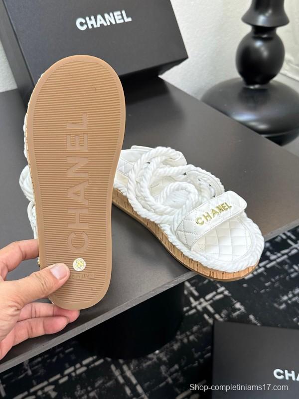 2025 Women Chanel White Leather Roped Espadrille Sandals LY00260