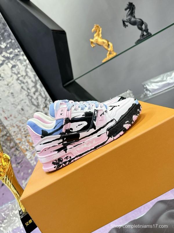 2024 Unisex Louis Vuitton Pink Blue Black Leather Denim Plimsolls Hand-Painted MJ00780