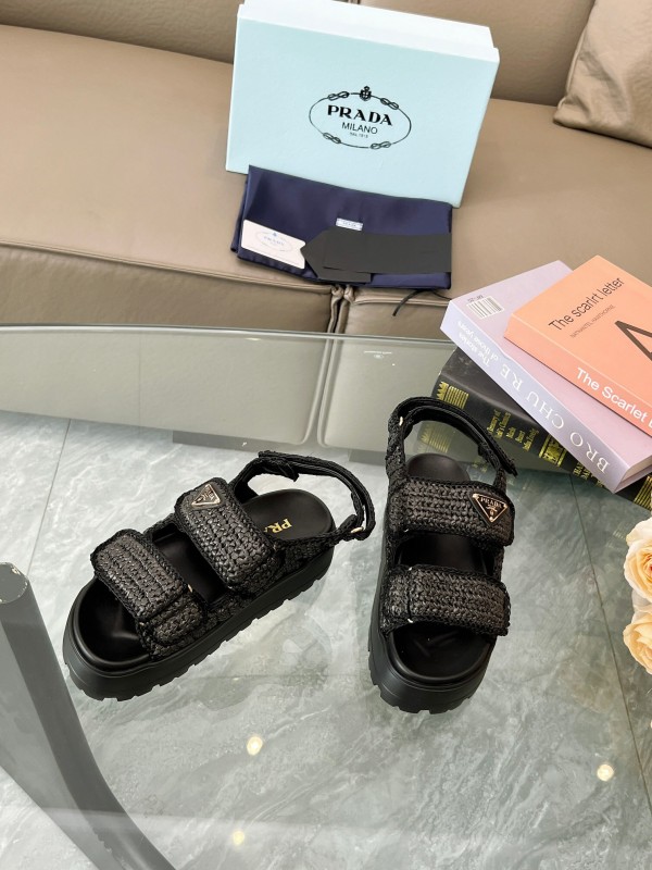 2025 Women Prada Black Woven Leather Platform Sandals LY00300