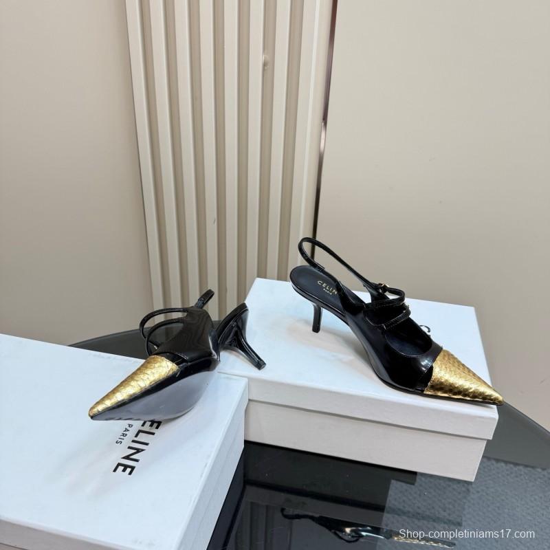 2025 Women CELIN* Black Gold Leather Pointed Toe Slingback Heels