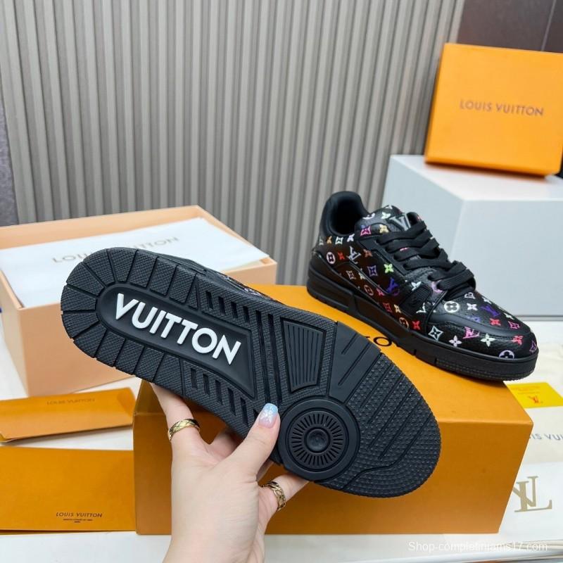 2025 Unisex Louis Vuitton Black Multicolor Leather LV Trainer Sneakers KFY00370