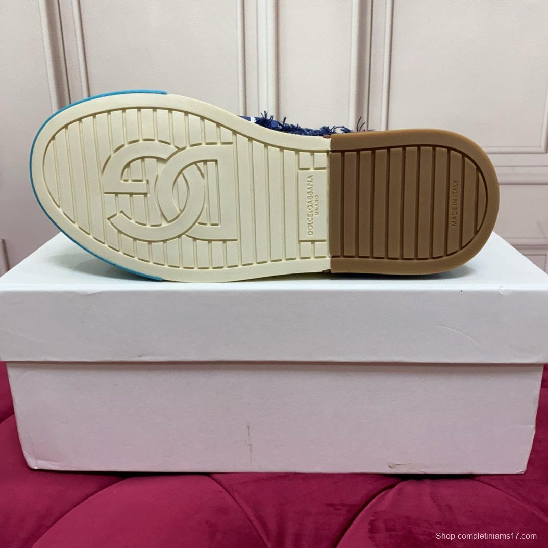 2024 Unisex Dolce & Gabbana Blue Black Canvas Leather Sneakers