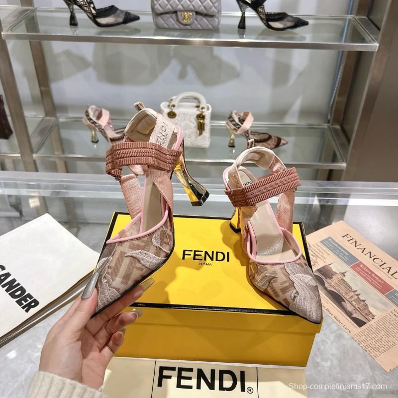 2025 Women Fendi Pink Beige Fabric Leather High Heels