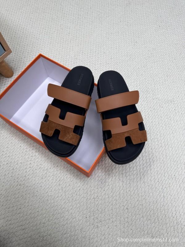 2025 Slippers Hermès Brown Black Leather Nubuck Slippers