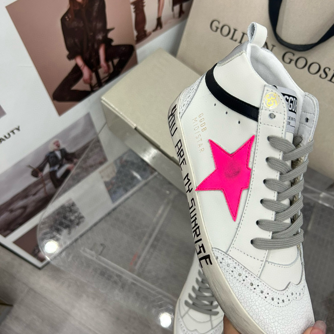2024 Women GGDB White Pink Leather High Top Sneakers MJ00300