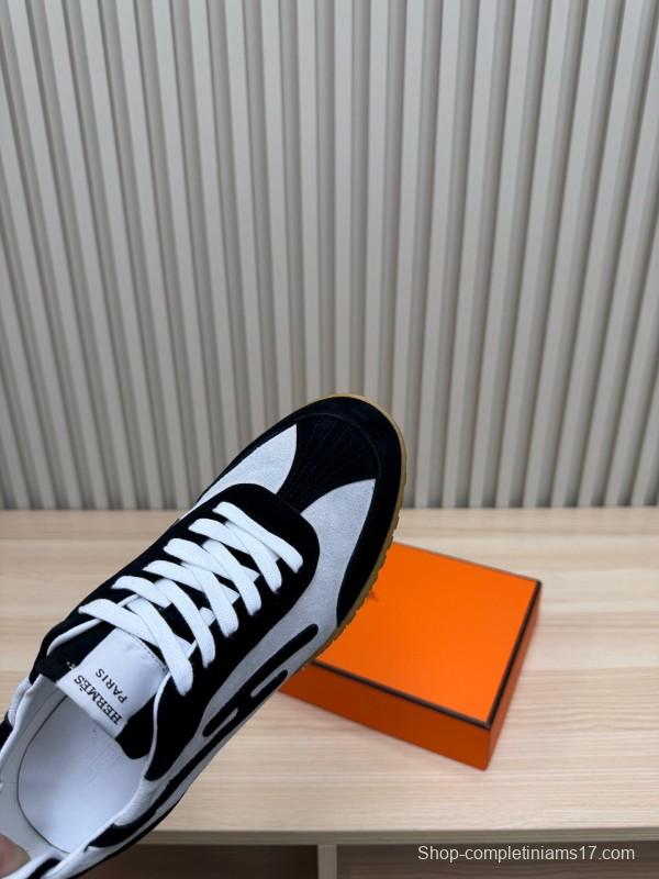 2025 Unisex Hermès Black White Suede Goat Leather Sneakers Top Version LY00310
