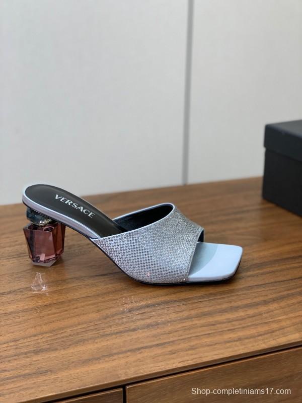 2025 Women VERSACE Silver Leather Slippers