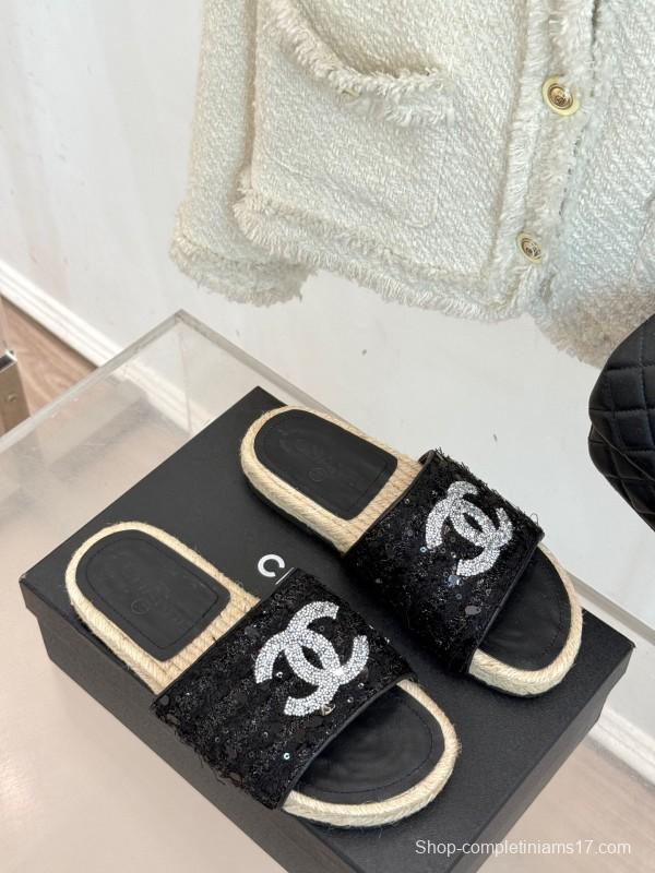 2025 Women Chanel Black Sequin Espadrille Slides Classic Double C Logo Handmade Braided Sole KFY00240(F)