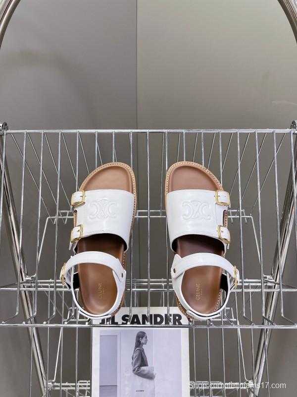 2025 Women Celine White Leather Sandals Buckle KFY00280