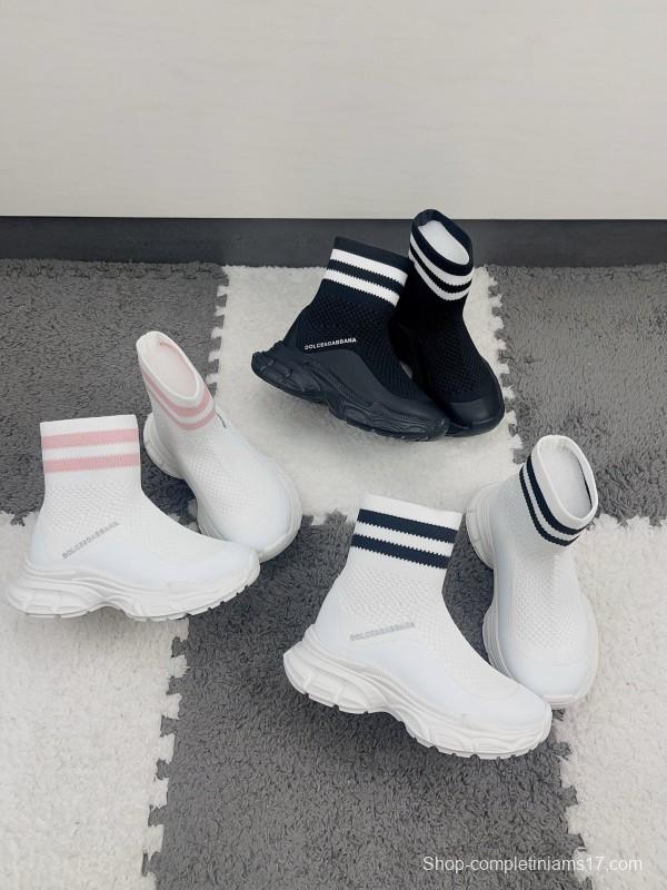 2024 Kids Dolce & Gabbana White Pink Black Knit Fabric Sneaker