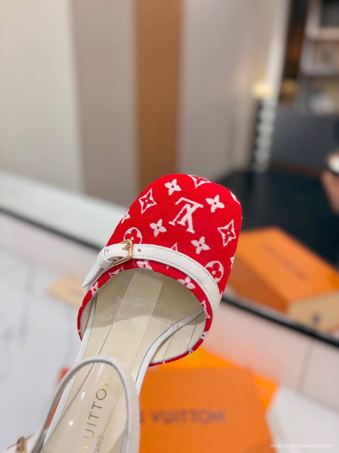 2025 Women Louis Vuitton Red White Denim Leather Heeled Sandals KFY00310