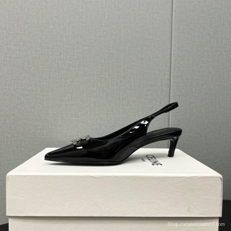 2025 Women Celine Black Patent Leather Slingback Heels KFY00290