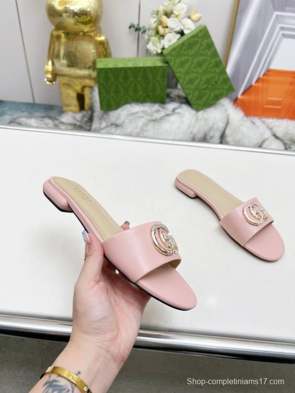 2025 Women Gucci Pink Leather Slippers GG Buckle MJ00190