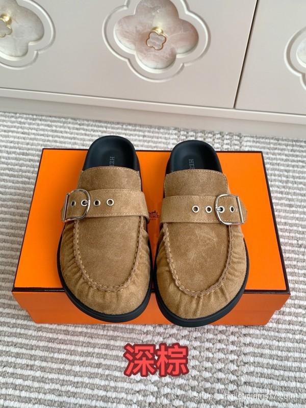 2025 Women Hermès Deep Brown Suede Mule Buckle KFY00290