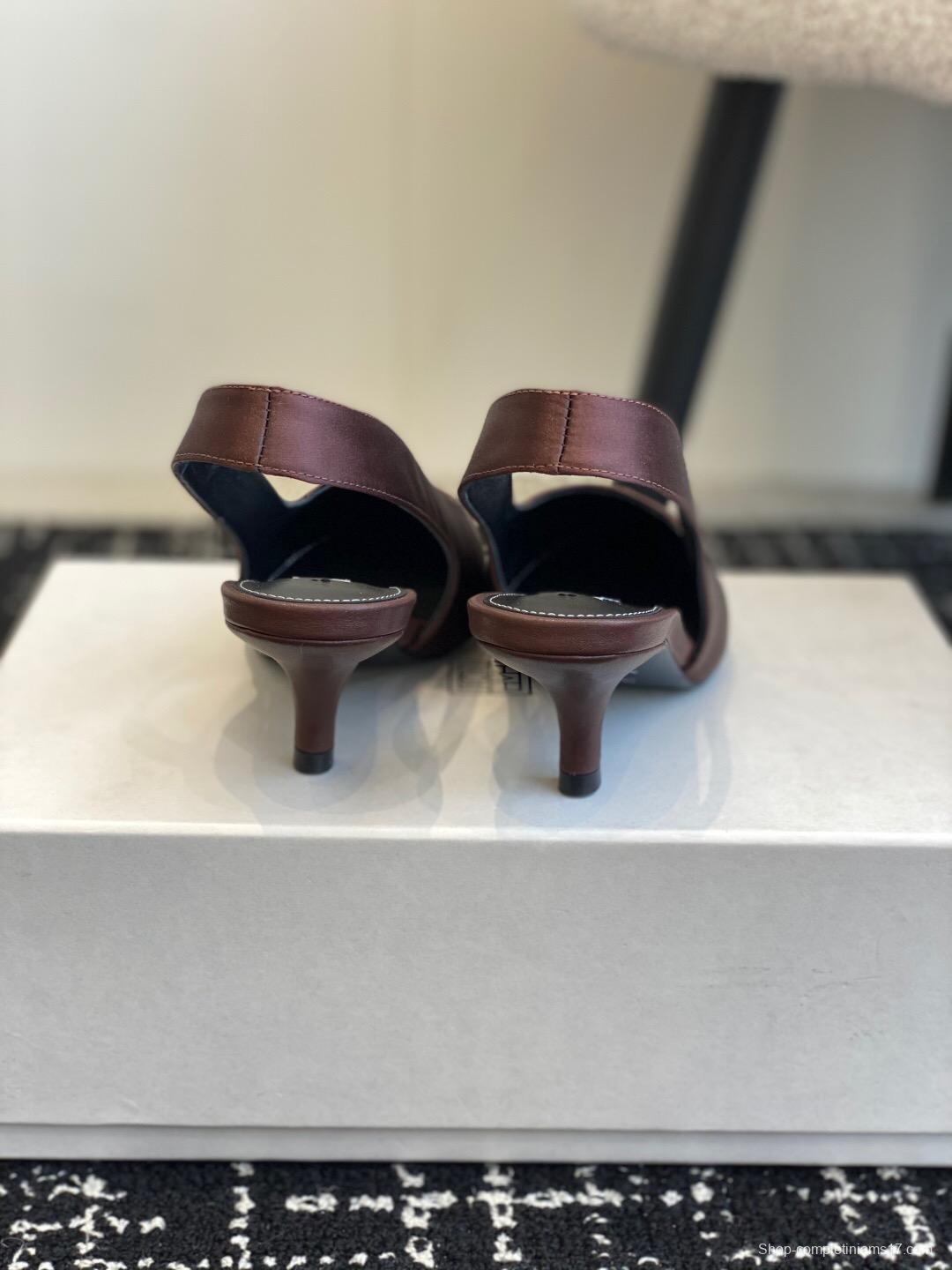 2025 Women Toteme Brown Satin Slingback Pointed Toe Heels