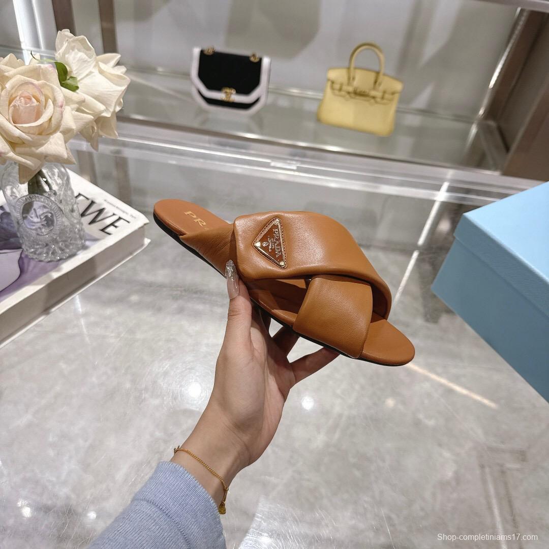 2025 Women Prada Brown Leather Slippers