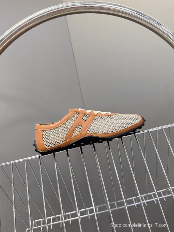 2025 Women Hermès Beige Brown Leather Mesh Sneakers KFY00250