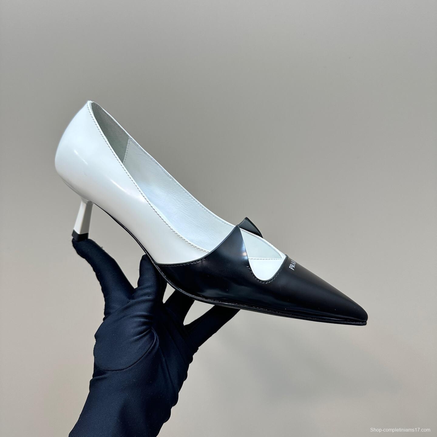 2025 Women Prada Black White Leather Heels KFY00310