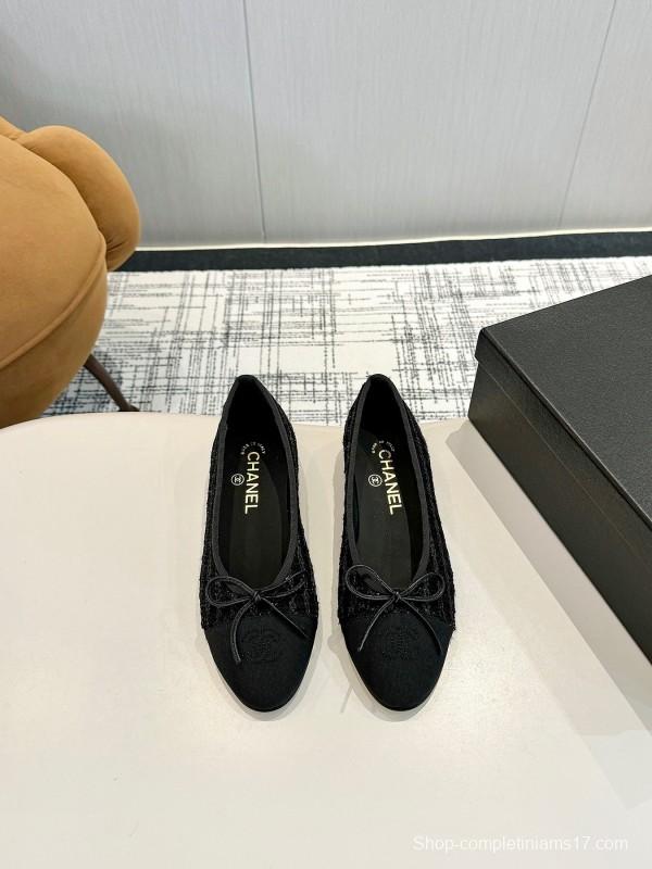 2025 Women Chanel Black Wool Ballet Flats LY00250
