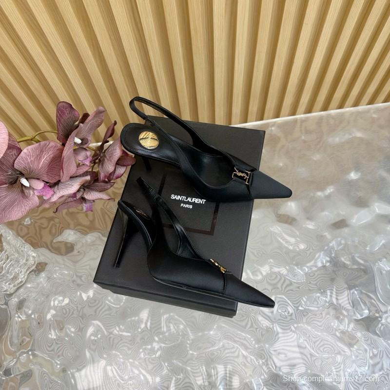 2025 Women Yves Saint Laurent Black Leather Slingback Pumps MJ00300