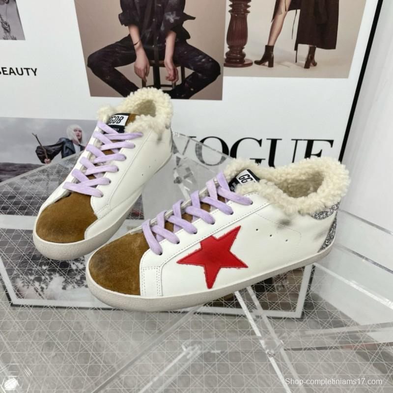 2025 Women GGDB White Red Brown Leather Shearling Sneakers