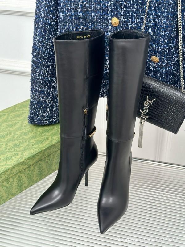 2024 Women Gucci Black Leather Boots Chain Detail MJ00550